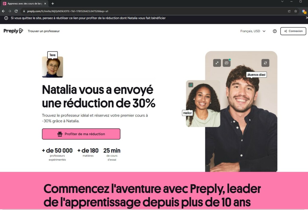 Réduction de 30% sur le premier cours Preply avec Natalia